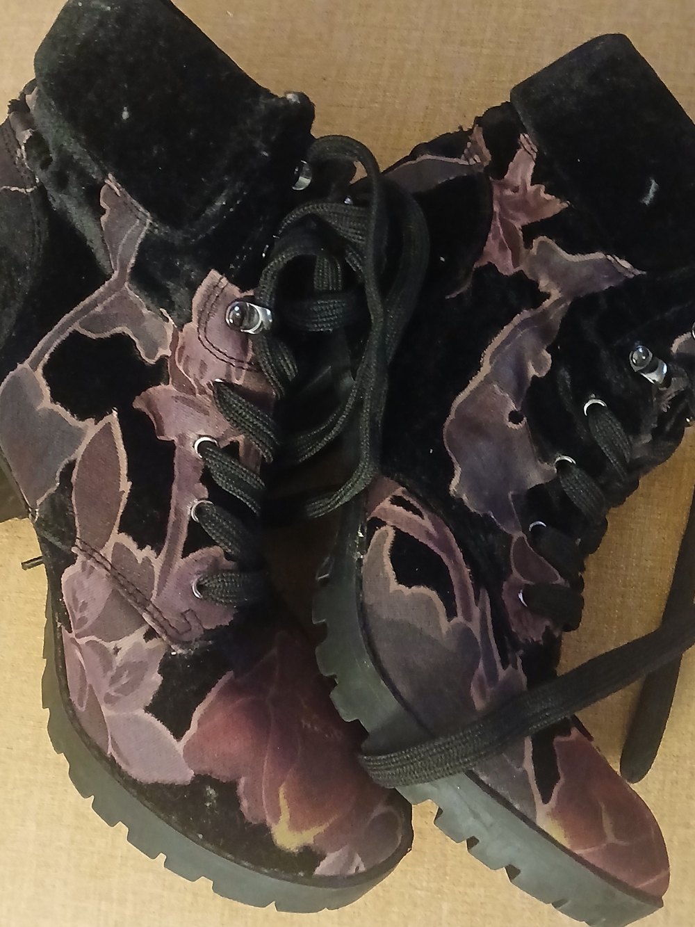 SM New York Velvet Floral Lace-Up Ankle Boots